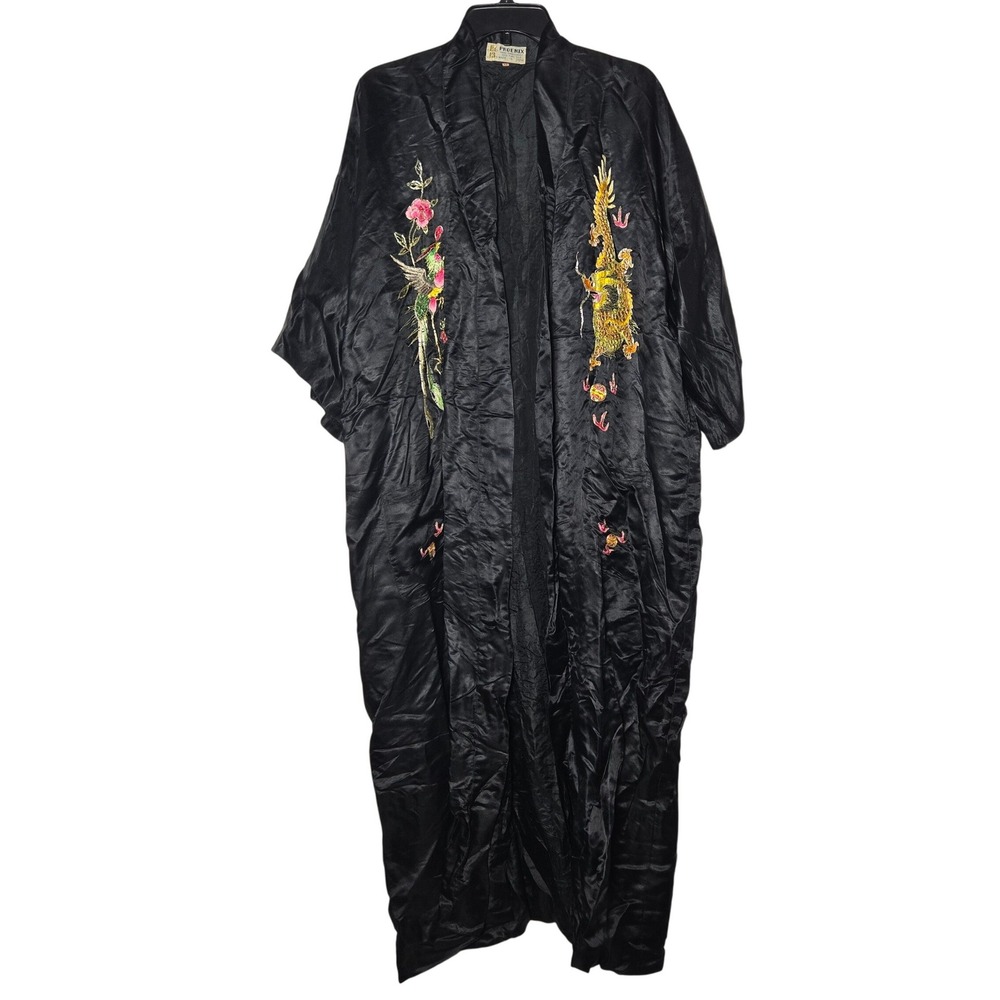 Vintage Phoenix Hand Embroidered 100% Pure Silk Black Kimono Robe XL Dragon